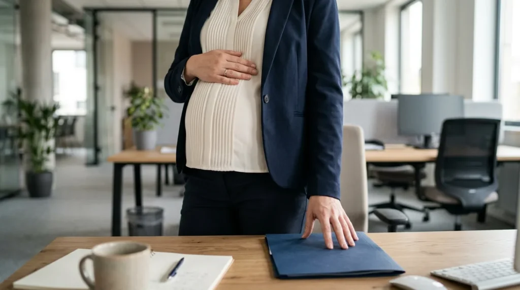 Gestante de blazer azul em pé ao lado da mesa de trabalho em um escritório