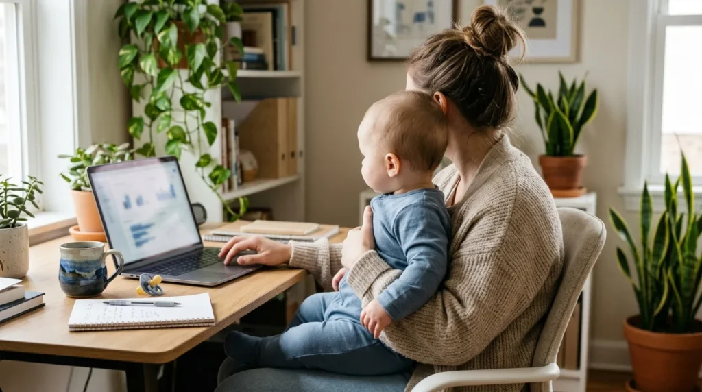 Mãe trabalha no notebook em casa com o bebê no colo