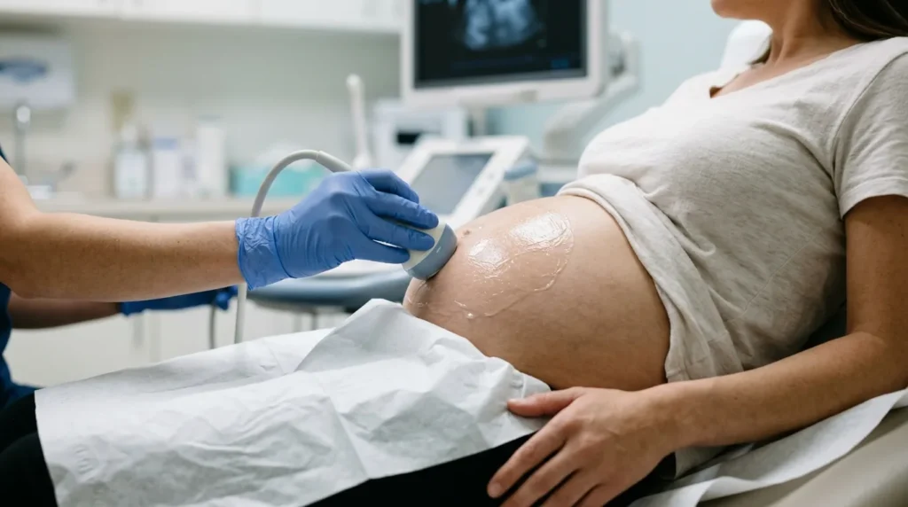 Profissional de saúde faz ultrassom na barriga de uma gestante durante a consulta de pré-natal