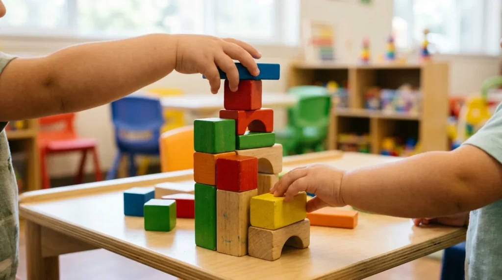 Mãos de crianças pequenas montando uma torre de blocos de madeira coloridos em sala de creche