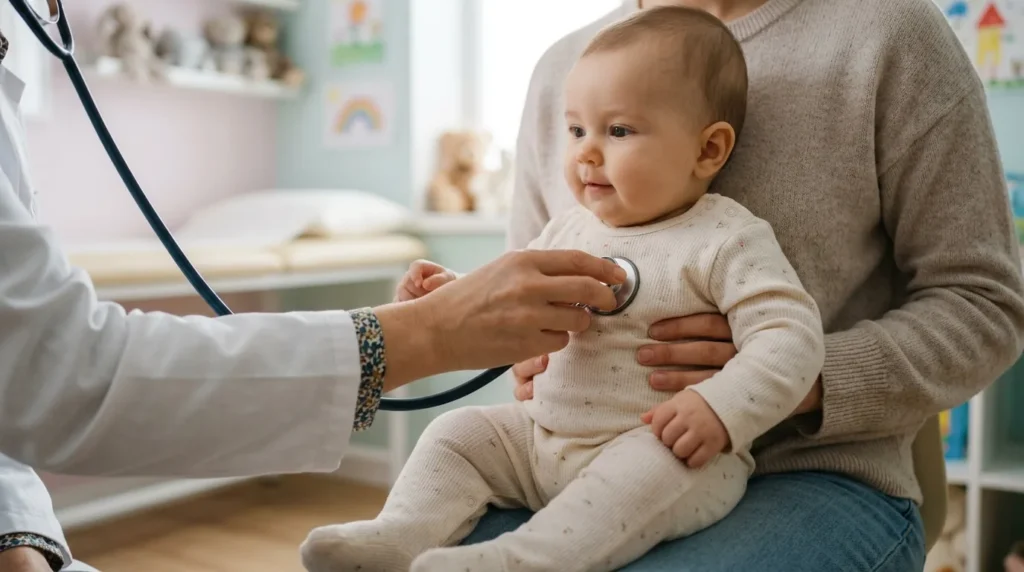 Pediatra ausculta com estetoscópio um bebê sentado no colo da mãe durante a consulta